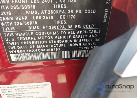 2012 Volkswagen Tiguan Se from USA, damaged, VIN WVGBV7AX4CW088191